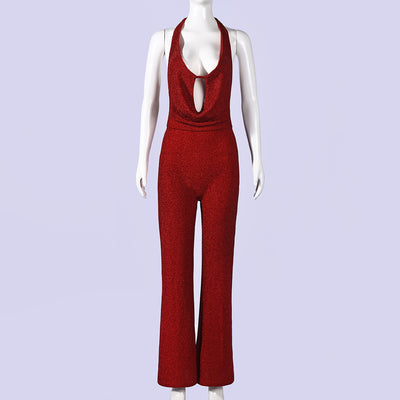 Red Halter Tie Backless Jumpsuit - Deep V Keyhole Wide Leg Flare