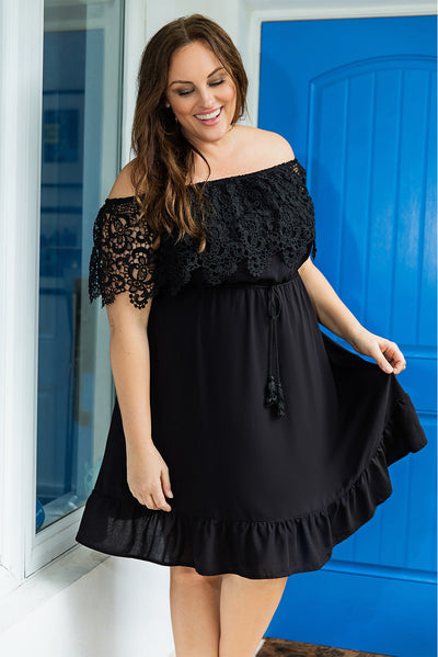 Black Off-the-shoulder Lace Sleeves Plus size Dress