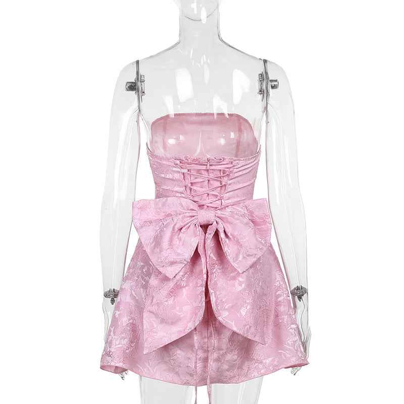 Jacquard Strapless Bow Mini Dress - A-Line Prom Gown