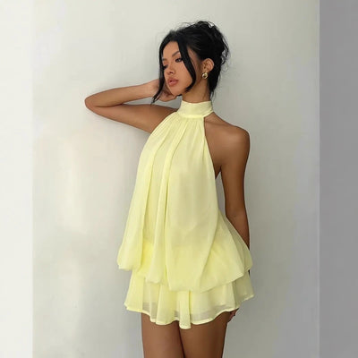 Backless Halter Neck Tiered Mini Dress - Chiffon Vacation Dress