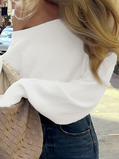 Off Shoulder Knit Sweater - Slouchy Sleeves and Ribbed Hem