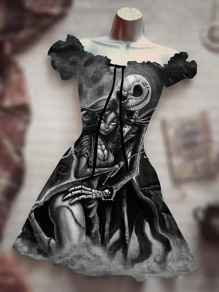 Skull Print Drawstring Dress - 3D Halloween Outfit