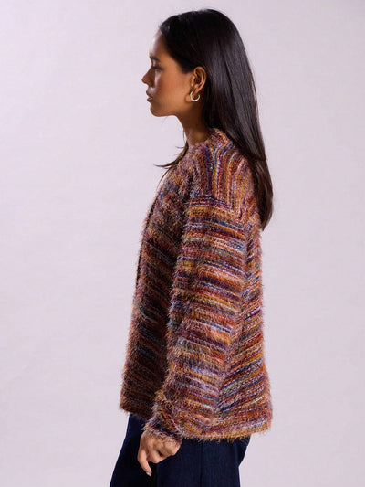 Melange Fleece Long Sleeve Cardigan - Vintage Deep V-Neck