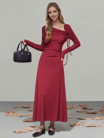 Long Sleeve Maxi Dress - Flower Asymmetrical Neckline Gown