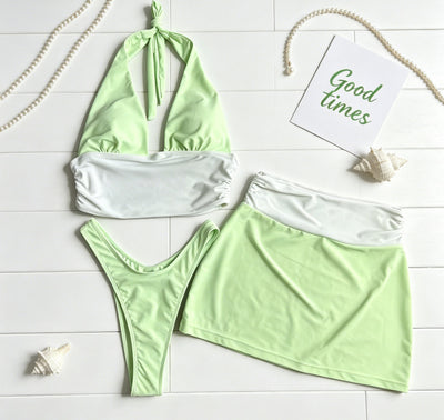 Color Block Halter Bikini Set - 3-Piece Ruched Wrap Skirt Cover
