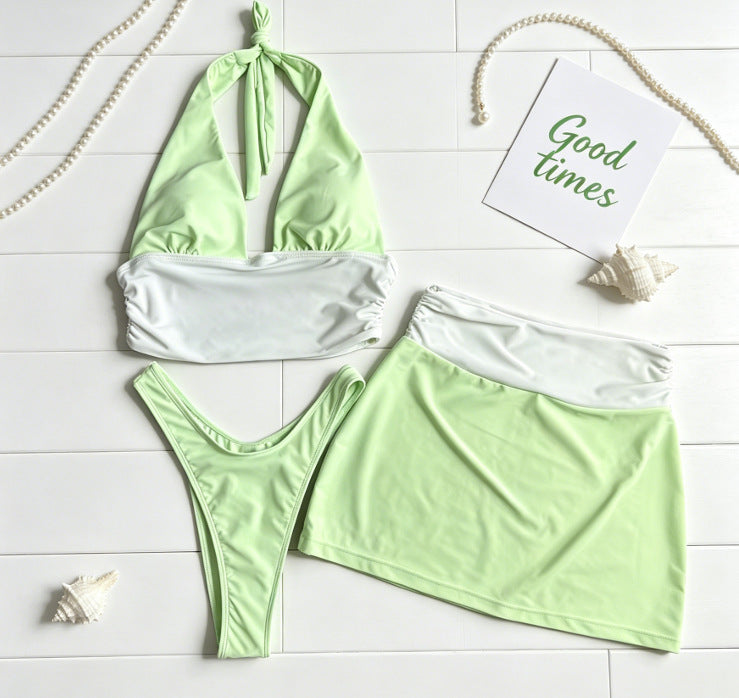 Color Block Halter Bikini Set - 3-Piece Ruched Wrap Skirt Cover