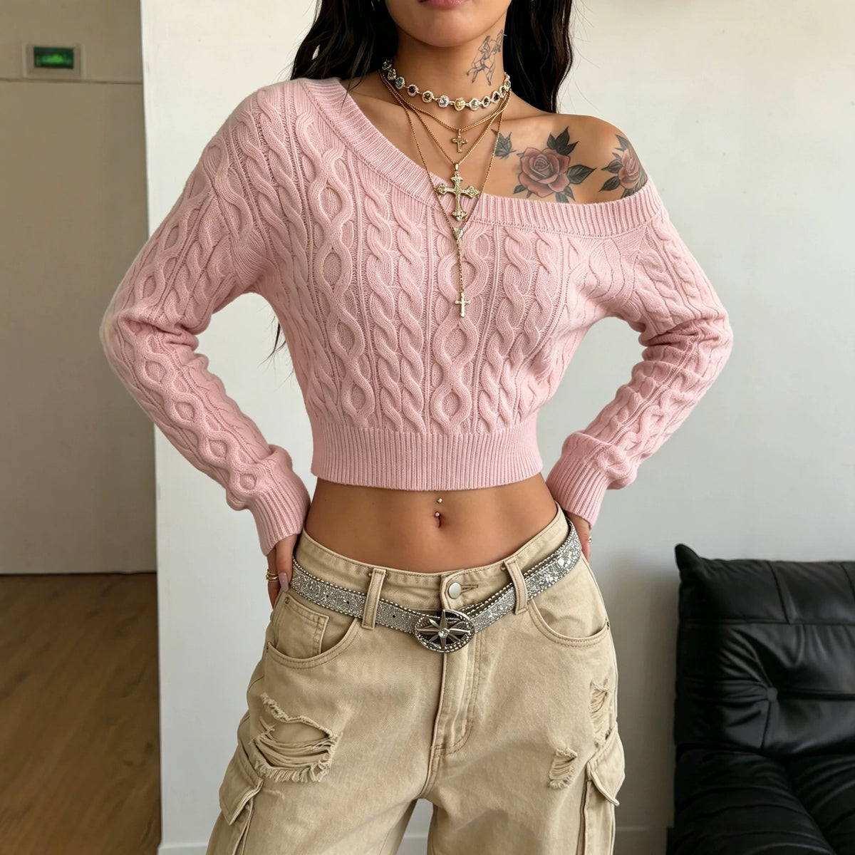 Chic Off-Shoulder Knitted Sweater for Women, Short Crop Top, Long Sleeve, Fitted Slim Fit, Ribbed Knit Pullover, Sexy and Stylish Upperwear