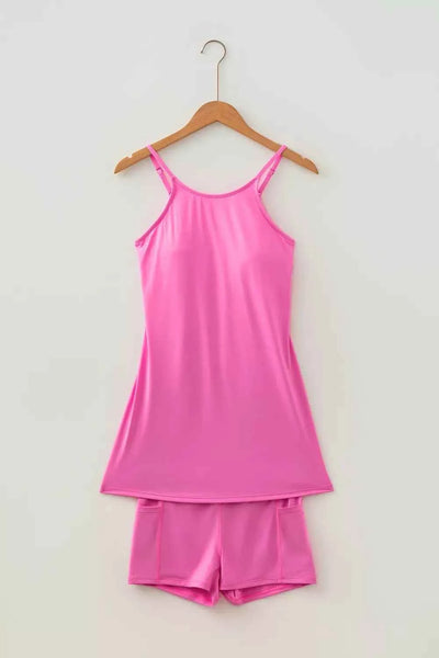 Twisted Strappy Back Active Mini Dress and Shorts Set