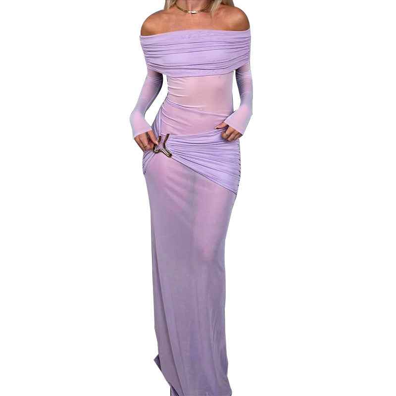 Off Shoulder Mesh Maxi Dress - Long Sleeve Bodycon Gown