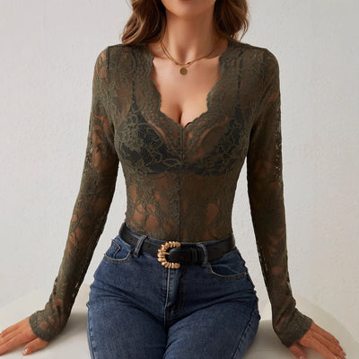 Intimate Lace Top - Sheer Floral Fan-Shaped Decoration