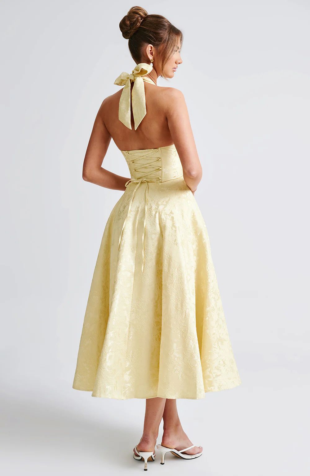 Jacquard Halter Midi Dress - Deep V Corset Waist A-Line Skirt