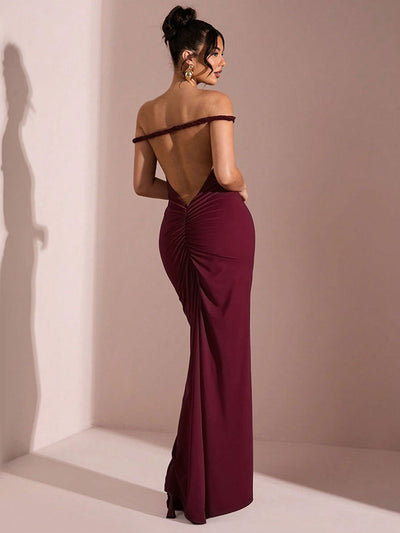 Burgundy Mermaid Maxi Dress - Off Shoulder Ruched Open Back