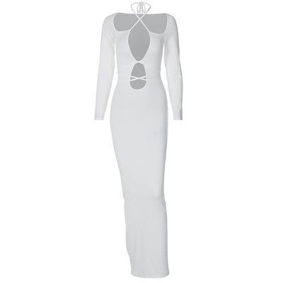 White fitted bodycon midi dress, long sleeves, hollow lace-up cutouts at chest and waist