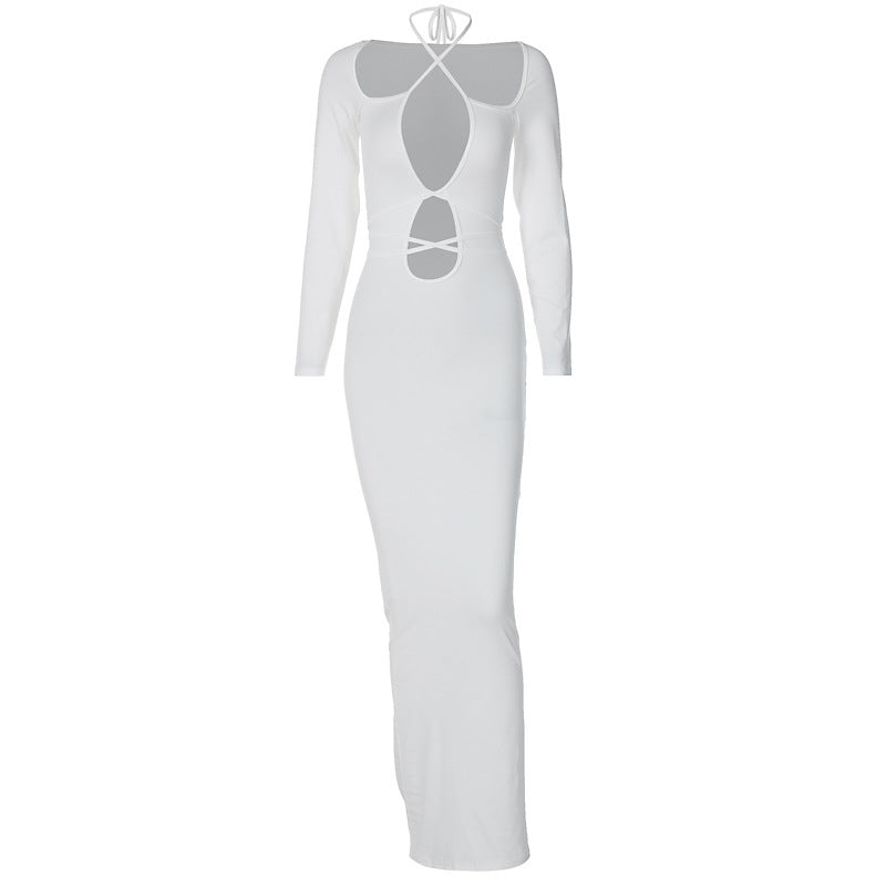 White fitted bodycon midi dress, long sleeves, hollow lace-up cutouts at chest and waist
