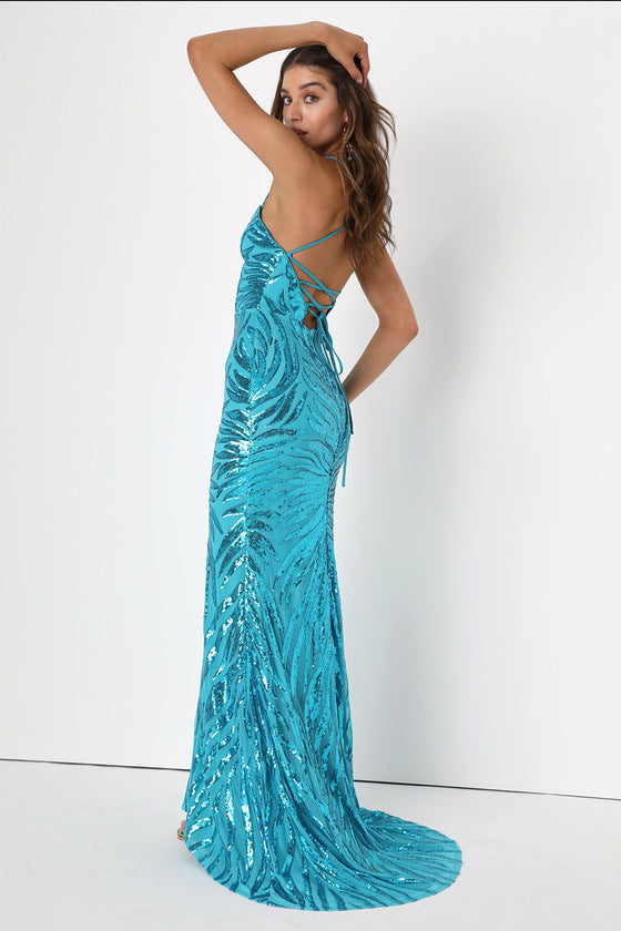 Spaghetti Strap Sequin Dress - Mermaid Maxi Party Gown