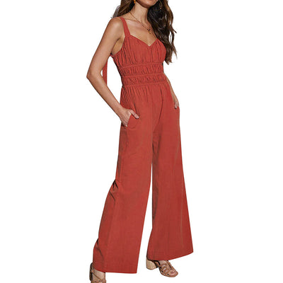 Redwood red sleeveless V-neck wide-leg jumpsuit with smocked waist and side pockets