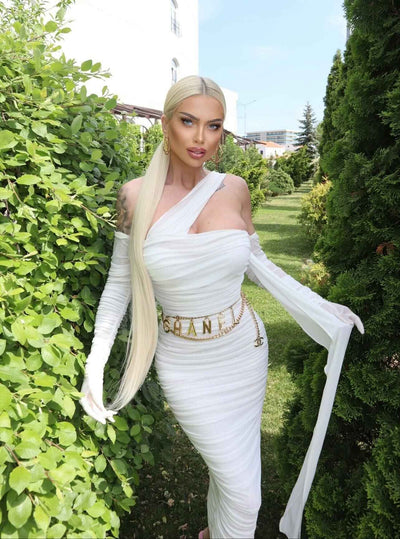 Sheer Mesh Backless Dress - White Halter Long Sleeve