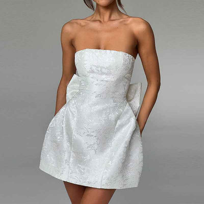 Jacquard Strapless Bow Mini Dress - A-Line Prom Gown