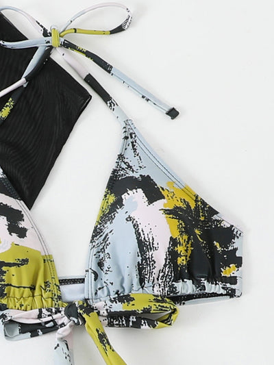 Black Mesh Cover-Up Bikini Set - 3 Piece Abstract Print