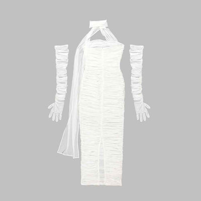 Sheer Mesh Backless Dress - White Halter Long Sleeve