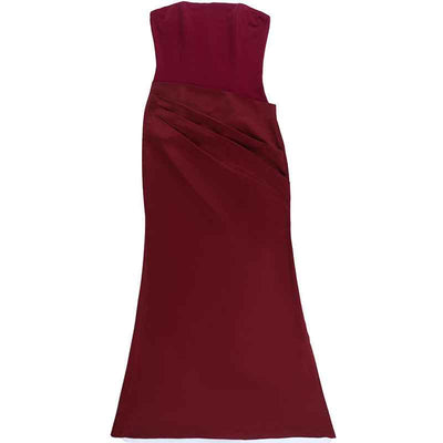 Burgundy Strapless Satin Maxi Dress - Slim Fit Prom Gown