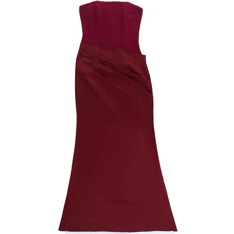 Burgundy Strapless Satin Maxi Dress - Slim Fit Prom Gown