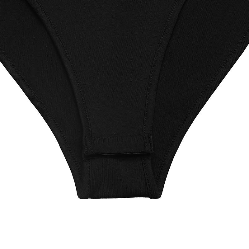 Black Long Sleeve Bodysuit - White Contrast Collar Cuff V-Neck