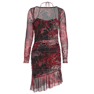 Mixed print mesh mini dress with ruched sweetheart bodice and long sheer sleeves