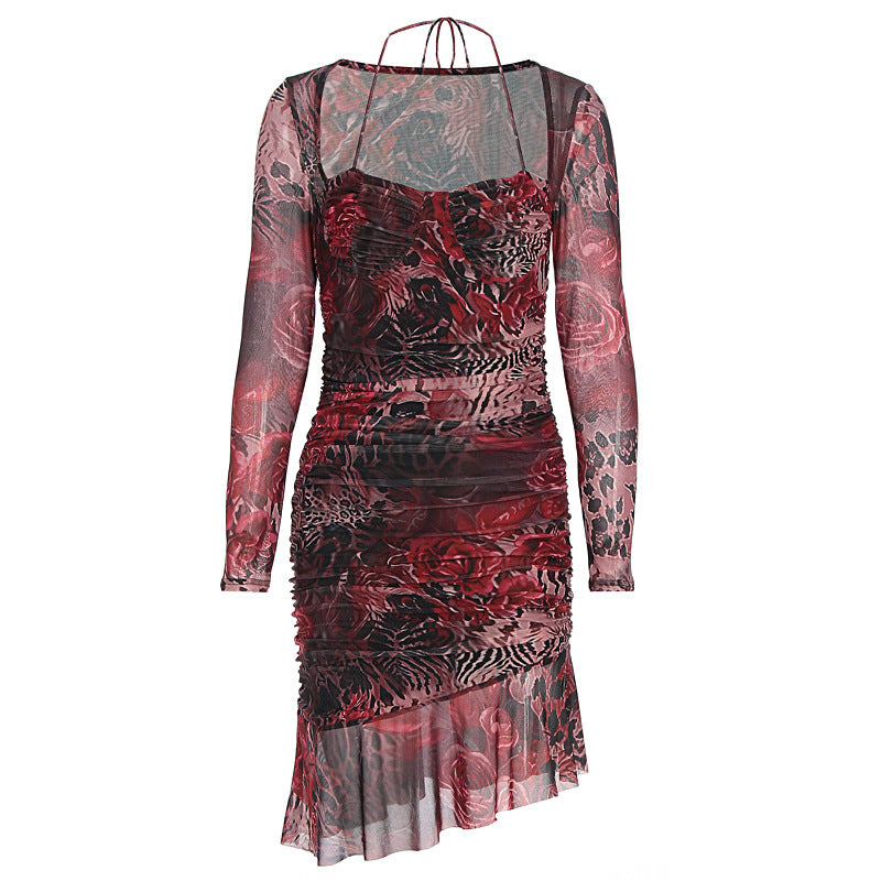 Mixed print mesh mini dress with ruched sweetheart bodice and long sheer sleeves