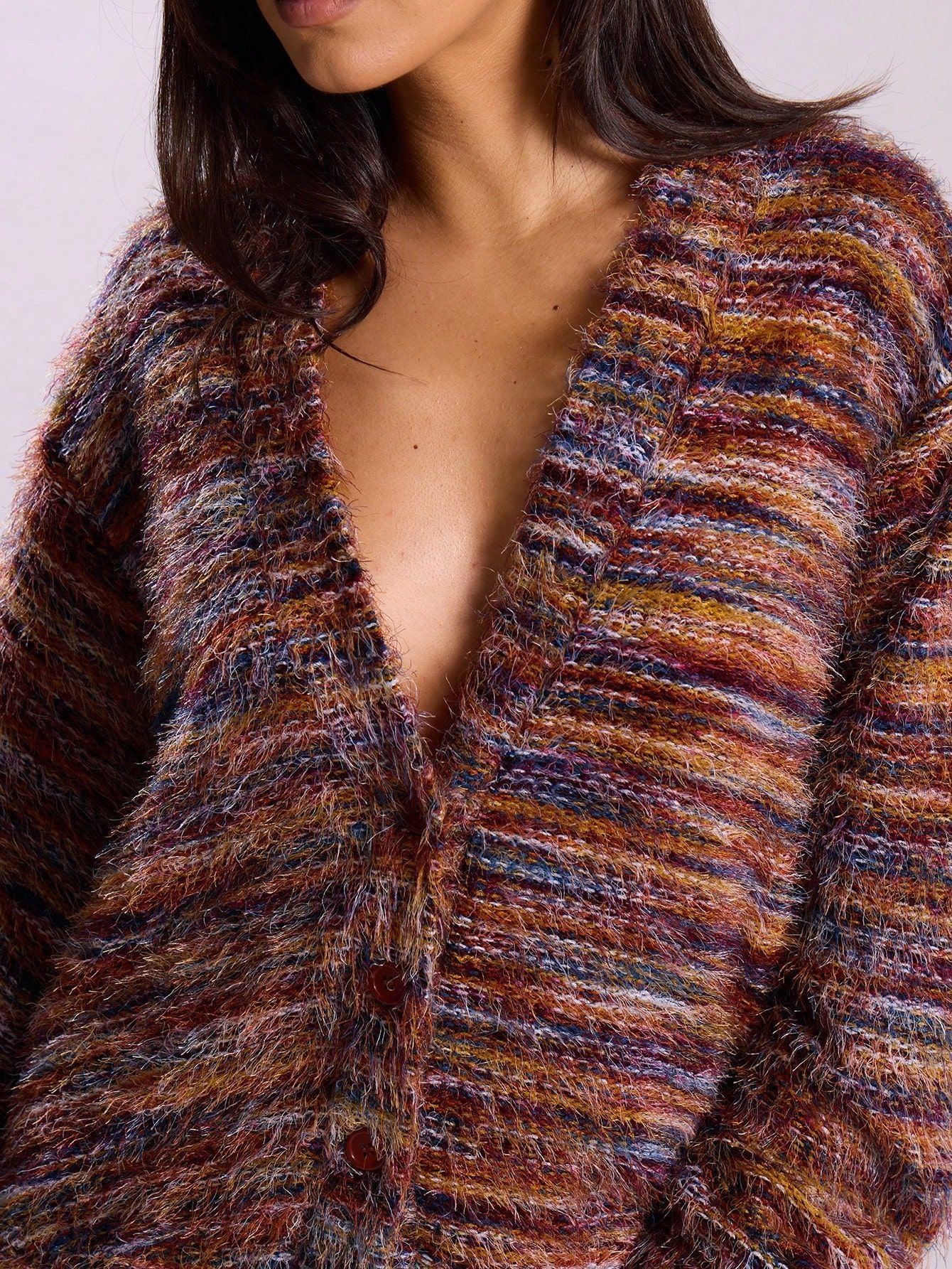 Melange Fleece Long Sleeve Cardigan - Vintage Deep V-Neck