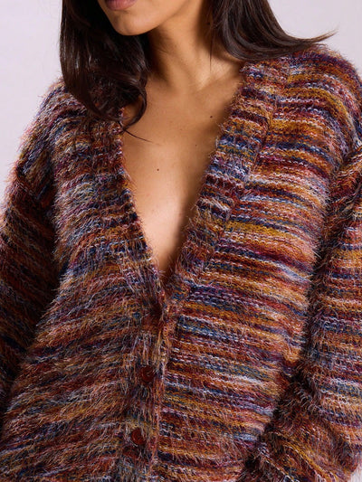 Melange Fleece Long Sleeve Cardigan - Vintage Deep V-Neck