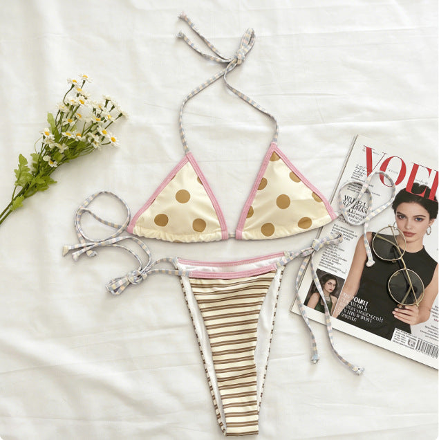 Polka Dot Stripe Mix Bikini - Pink Trim Chain Tie Two-Piece