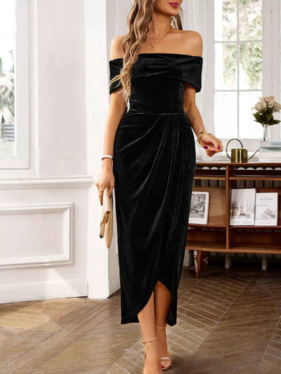 Velvet Off-Shoulder Midi Dress - Ruched Bodycon Slit - Fashions Envy