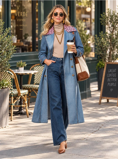 Women's blue denim trench coat with leopard-print collar and long buttoned length