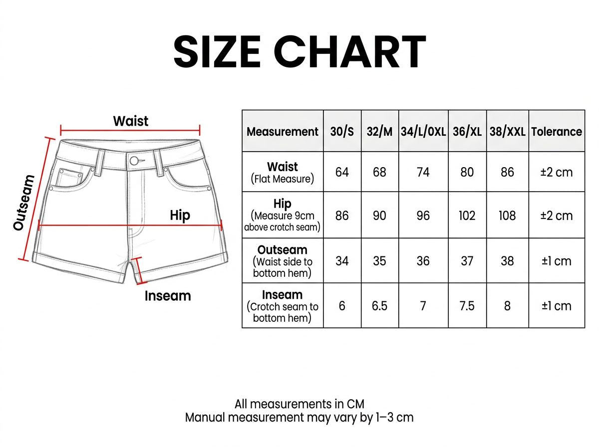 Women's denim shorts size chart with waist and inseam measurements