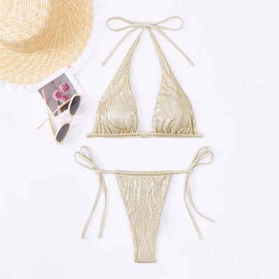 Gold metallic triangle halter bikini set with matching string ties, top and high-cut bottom