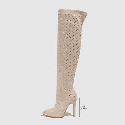 Apricot over-the-knee stiletto boots with sparkly upper and narrow heel