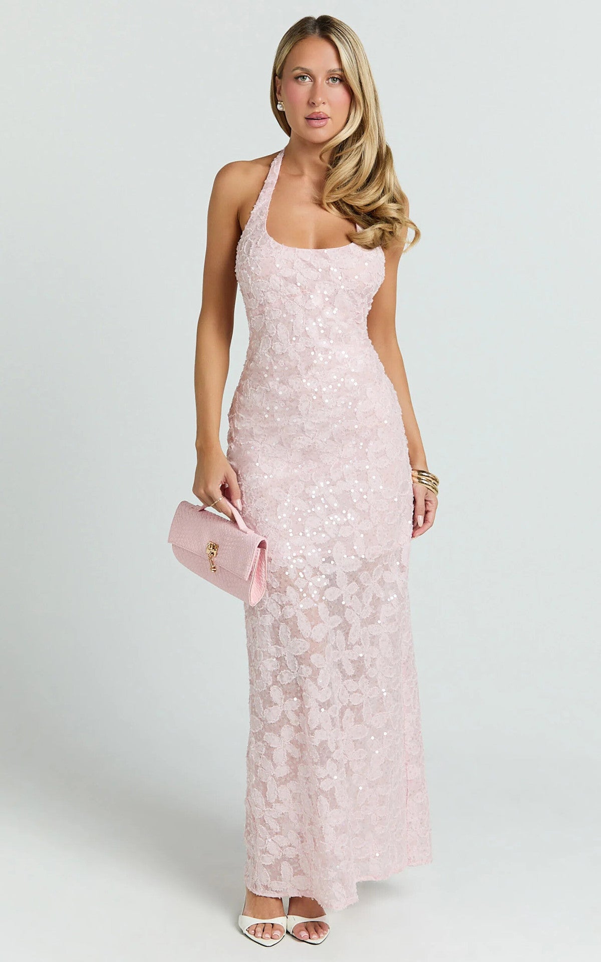 Summer Sequin Maxi Dress - Halter Neck And Open Back