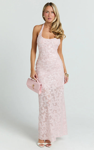 Summer Sequin Maxi Dress - Halter Neck And Open Back