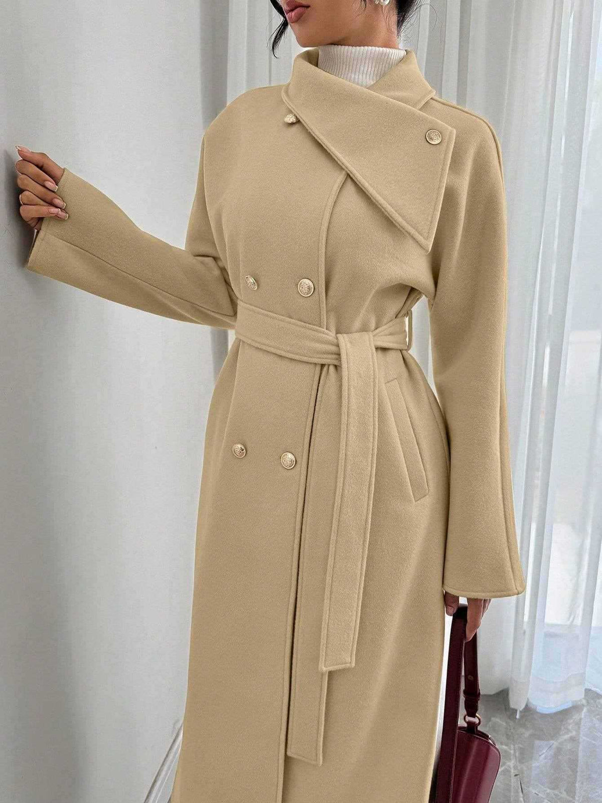 Double-Breasted Long Coat - Waist Tie & Wide Lapels