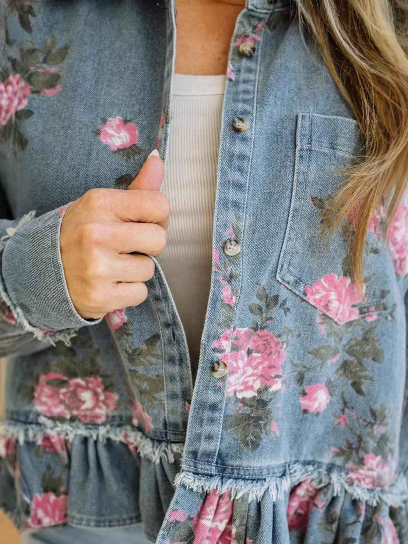 Retro Washed Floral Print Denim Jacket, Long-Sleeved, Collared, Ruffled Hem, Short Jacket