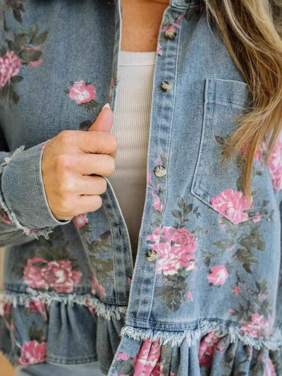 Retro Washed Floral Print Denim Jacket, Long-Sleeved, Collared, Ruffled Hem, Short Jacket