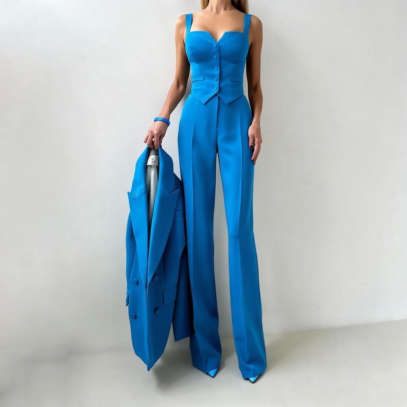 Three-piece suit set in bright blue with button-front vest and wide-leg trousers