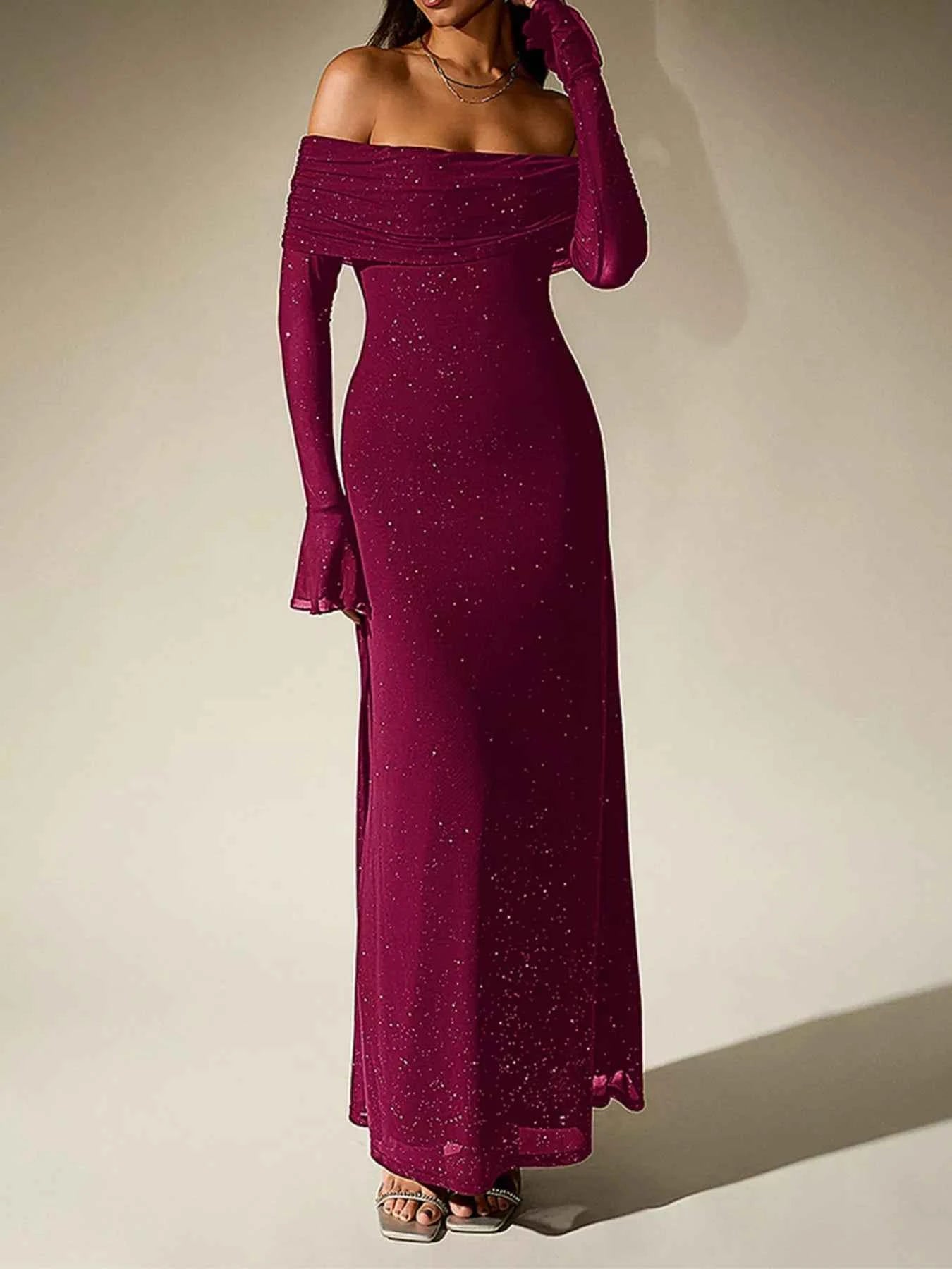 Glitter Off-Shoulder Maxi Dress