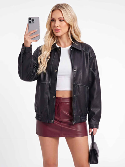 Women's Faux Leather Jacket - Oversized Fit and Contrast Seams