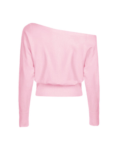 Off Shoulder Knit Sweater - Slouchy Sleeves and Ribbed Hem