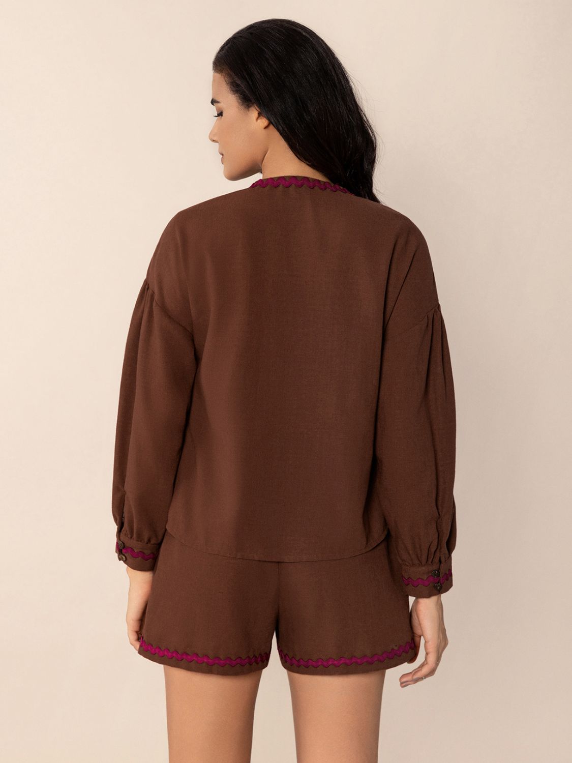Brown Tied V-Neck Long Sleeve Top and Shorts Set