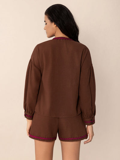 Brown Tied V-Neck Long Sleeve Top and Shorts Set