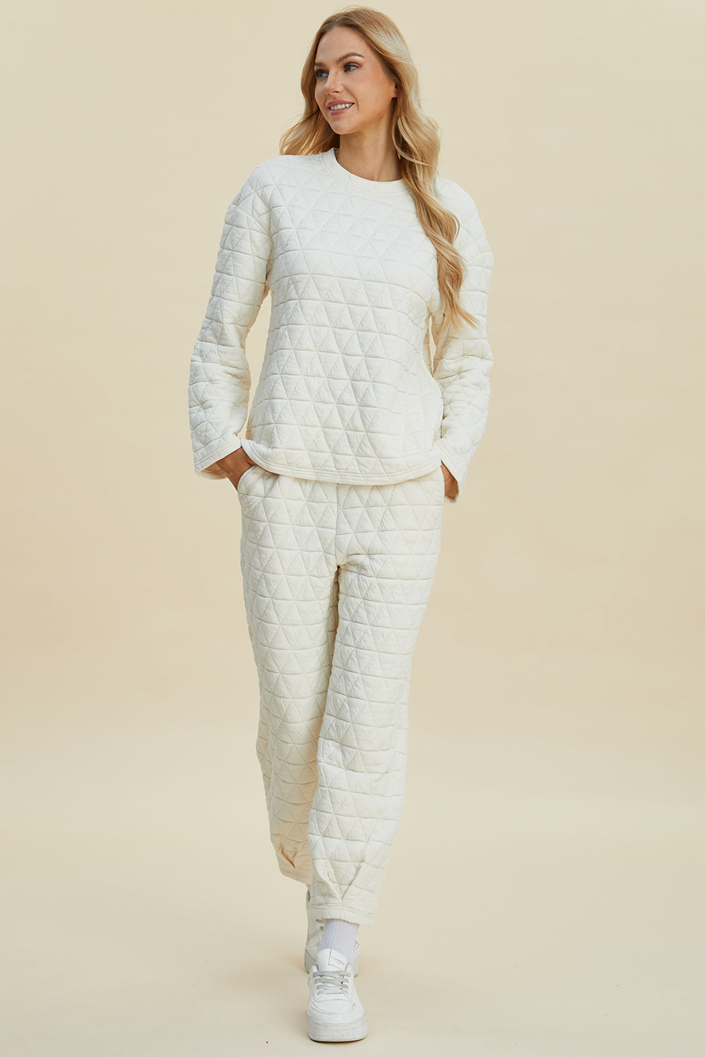 Double Take Full Size Texture Round Neck Long Sleeve Top and Pants Set - Fashions Envy