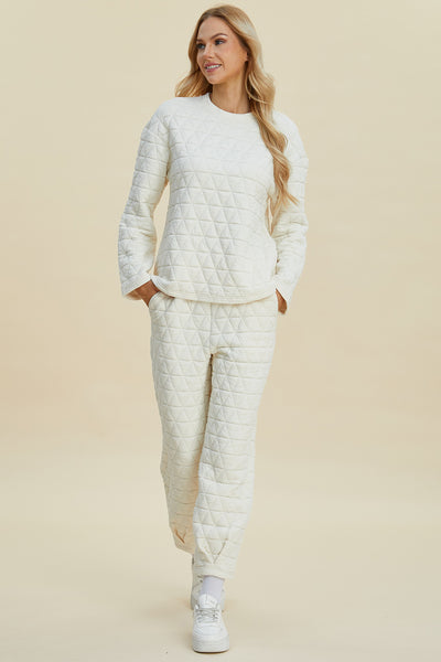 Double Take Full Size Texture Round Neck Long Sleeve Top and Pants Set - Fashions Envy
